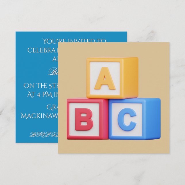 Faire-part de Baby Shower - Blocs Alphabet (Devant / Derrière)