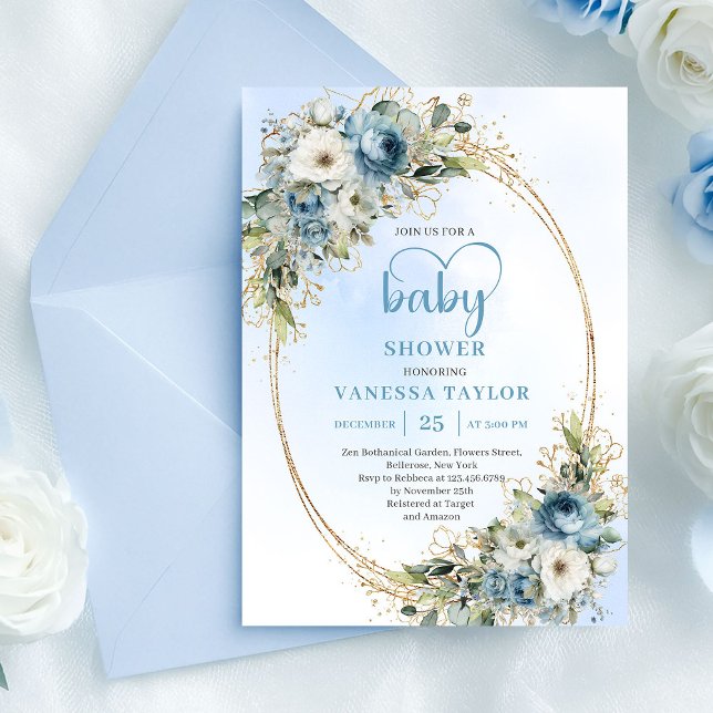 Faire-part de Baby Shower Boho Bleu Clair Floral V (Boho Light Blue Floral Greenery Baby Shower Invite.....)