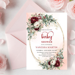 Faire-part de Baby Shower Boho Bourgogne Fleurs Or