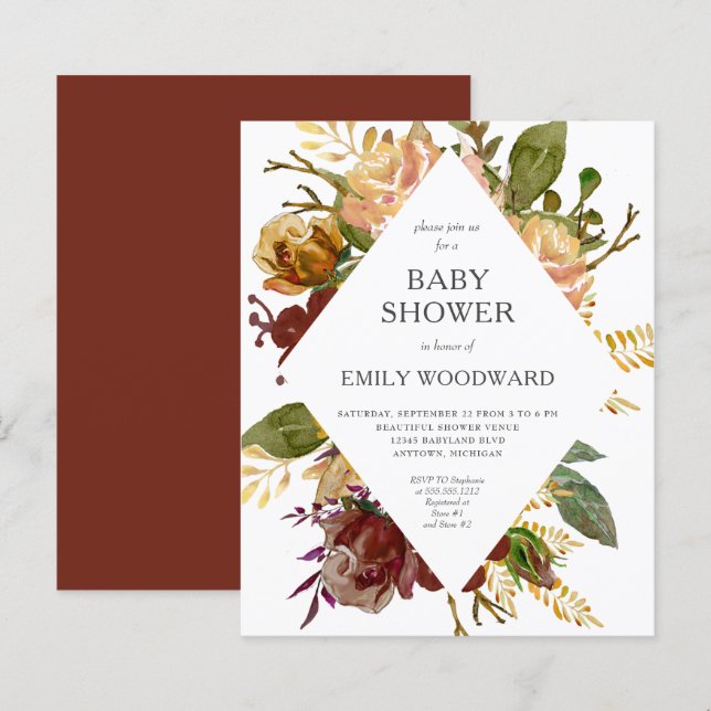 Faire-part de Baby Shower Budget Cadre Floral Auto (Devant / Derrière)