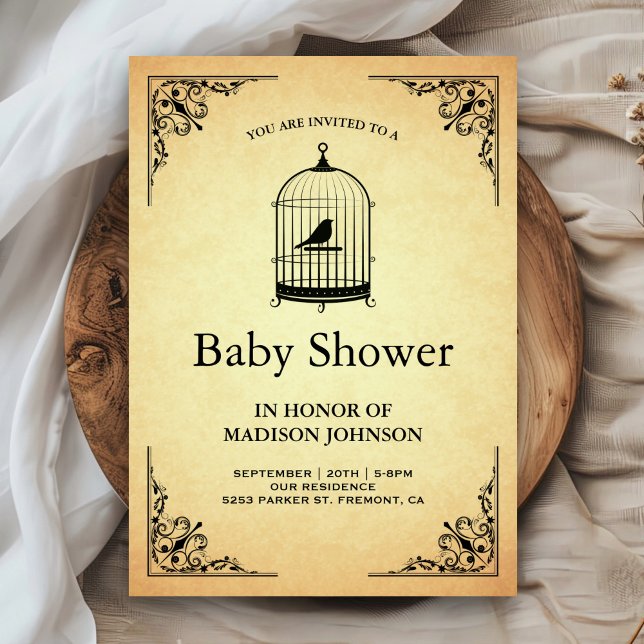 Faire-Part de Baby Shower Cage à Oiseaux Vintage R (Créateur téléchargé)