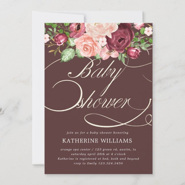 faire-part de baby shower calligraphie florale (Devant)