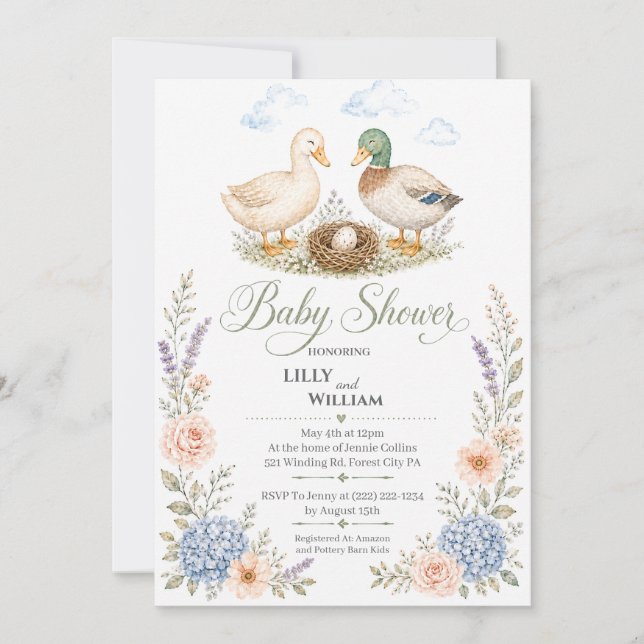 Faire-part de Baby Shower Canards avec un Nid (Devant)