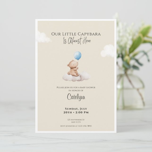 Faire-part de Baby Shower Capybara Nuage et Ballon (Debout devant)