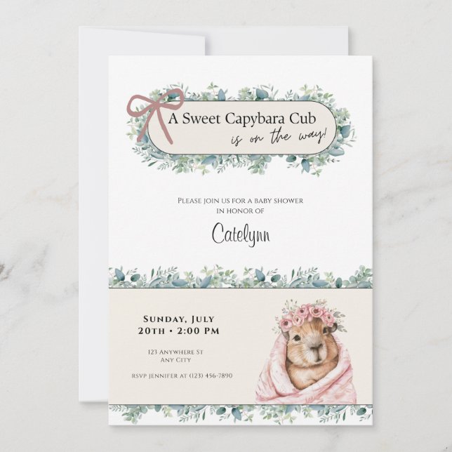 Faire-part de Baby Shower Capybara • Thème de Verd (Devant)