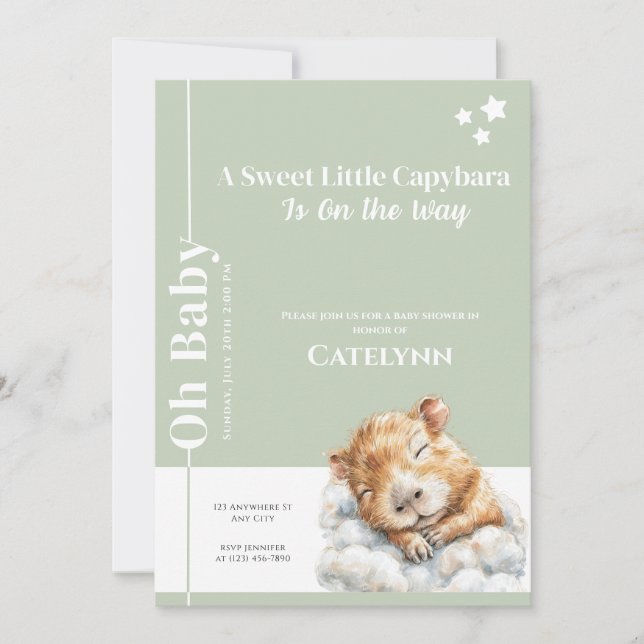 Faire-part de Baby Shower Capybara Vert Sauge (Devant)