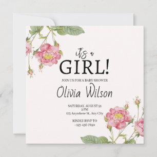 Faire-part de Baby Shower Carré Fille Rose