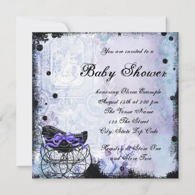 Faire-part de Baby Shower Carrosse Noir Violet (Devant)