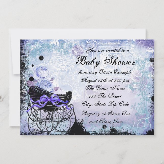 Faire-part de Baby Shower Carrosse Noir Violet (Devant)