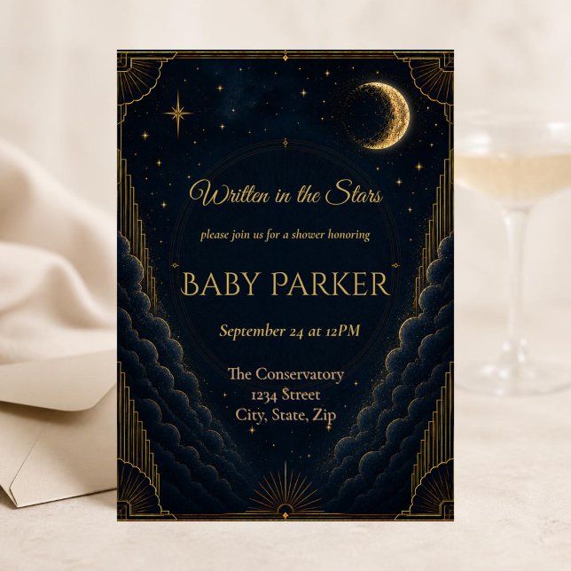 Faire-part de Baby Shower Céleste | Bleu Nuit (Elegant celestial baby shower invitation with navy skies, gold Art Deco details and glowing moon.)