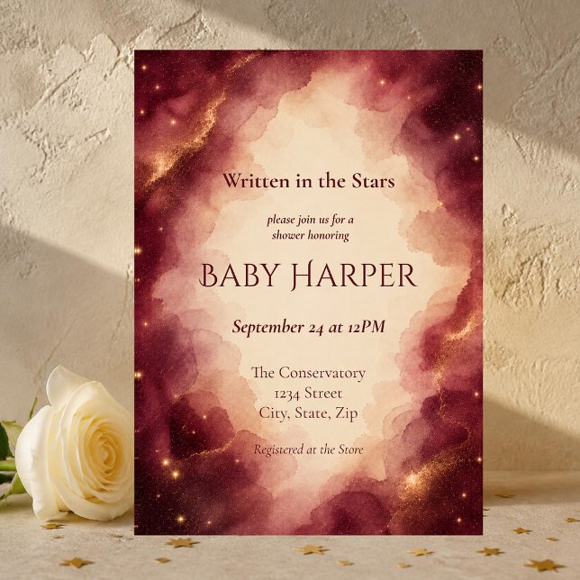 Faire-part de Baby Shower Céleste Burgundy & Or (Luxury burgundy and gold celestial baby shower invitation with elegant watercolor galaxy design.)