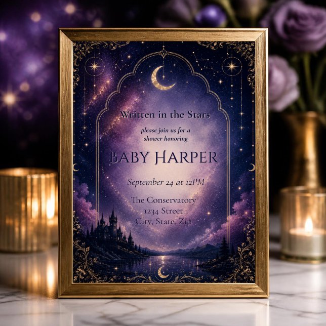Faire-part de Baby Shower Céleste | Château au Cla (Dreamy celestial baby shower invitation with moonlit castle, purple galaxy sky & elegant gold accent)