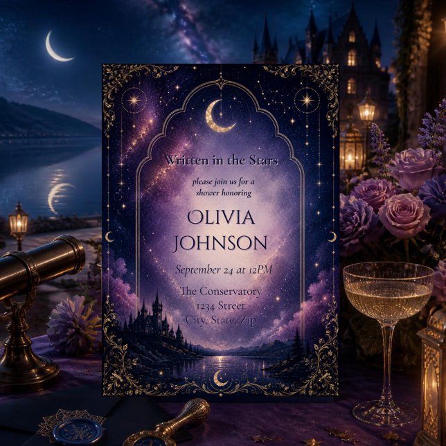 Faire-part de Baby Shower Céleste | Clair de Lune (Elegant celestial bridal shower invitation with moonlit castle, purple galaxy & gold Art Deco frame)