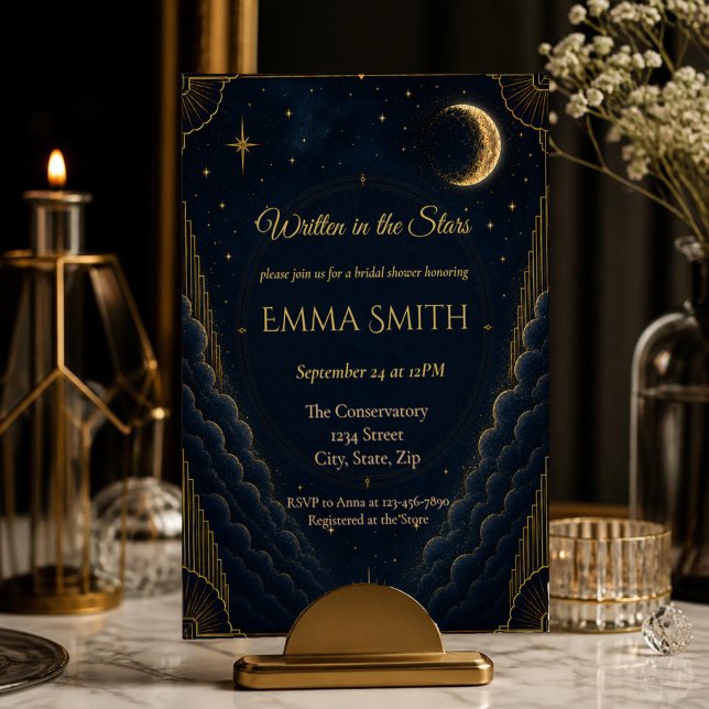 Faire-part de Baby Shower Céleste | Élégant Marine (Elegant navy & gold celestial bridal shower invitation with moon, stars and luxurious Art Deco style)