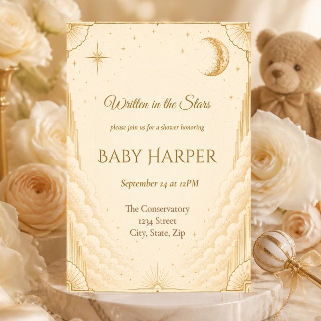 Faire-part de Baby Shower Céleste | Lune & Étoiles (Elegant celestial baby shower invitation with moon, stars and gold details.)