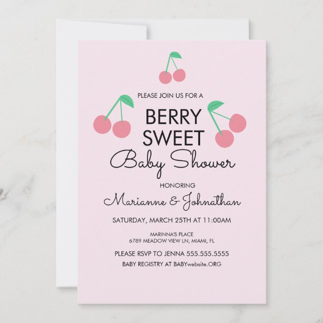 Faire-part de Baby Shower Cerises Rose Rouge (Devant)