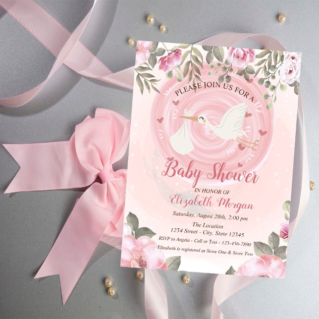 Faire-part de Baby Shower Cigogne Fleurie (Créateur téléchargé)