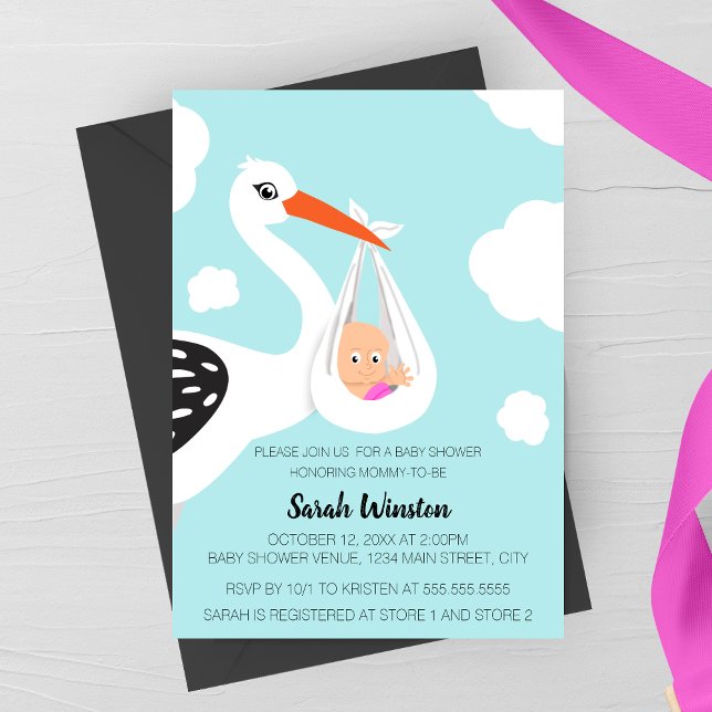 Faire-part de Baby Shower cigogne mignonne (Modern Sleek Stork Baby Shower Invitation for GIrls)