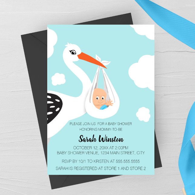 Faire-part de Baby Shower cigogne mignonne (Cute Modern Stork Baby Shower Invitation for Boys)