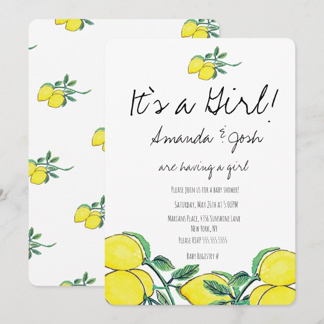 Faire-part de Baby Shower Citron Aquarelle Rustiqu (Devant / Derrière)