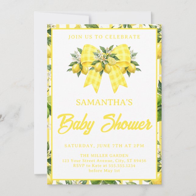 Faire-part de Baby Shower Citron avec Ruban Gingha (Devant)