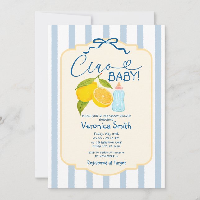 Faire-part de Baby Shower Citron Jaune Bleu Italie (Devant)