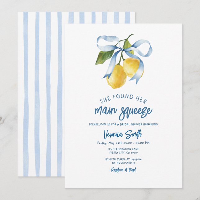 Faire-part de Baby Shower Citron Thème Ruban Bleu  (Devant / Derrière)