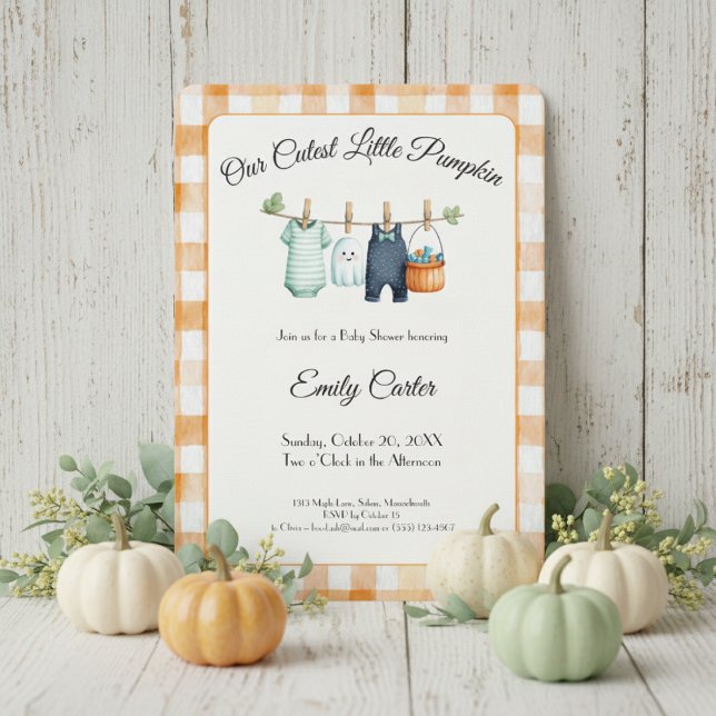 Faire-part de Baby Shower Citrouille | Gingham Per (Our Cutest Little Pumpkin baby shower invitation with fall theme and watercolor orange details)