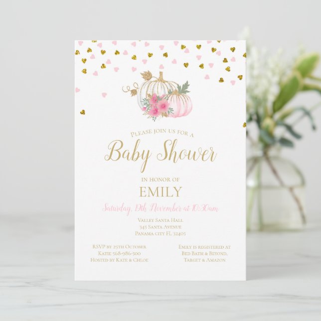 Faire-part de Baby Shower Citrouille Rose et Or (Debout devant)