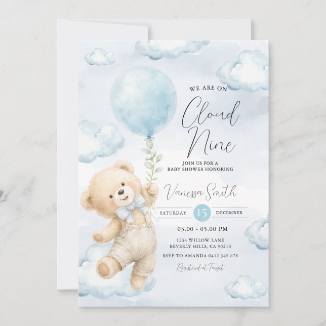 Faire-part de Baby Shower Cloud Nine Ourson Bleu  (Devant)