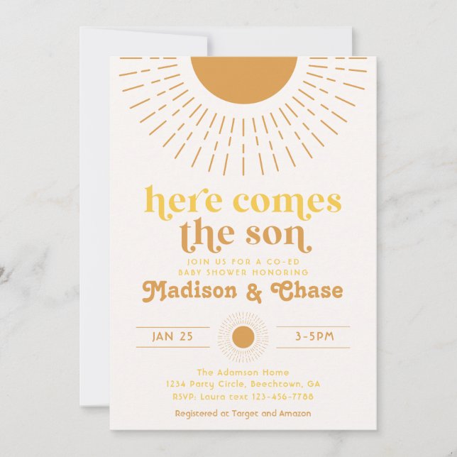 Faire-part de Baby Shower Co-Ed « Here Comes the S (Devant)