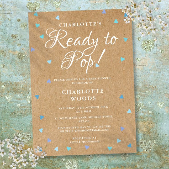 Faire-Part de Baby Shower "Cœurs Amour Bleu Rustiq (Rustic Blue Love Hearts Ready to Pop Baby Shower Invitation)