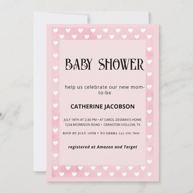Faire-part de Baby Shower coeurs sur fond rose (Devant)