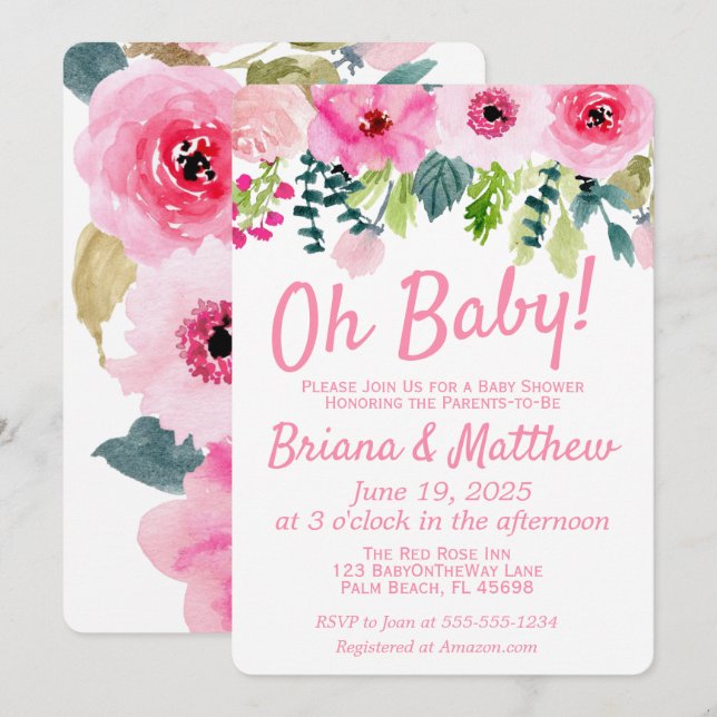 Faire-part de Baby Shower Couple Floral Rose (Devant / Derrière)