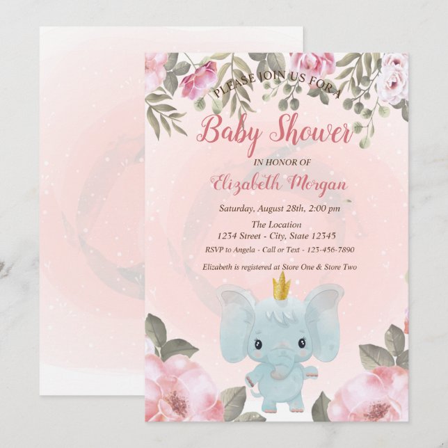 Faire-part de Baby Shower Couronne d'Éléphant Flor (Devant / Derrière)