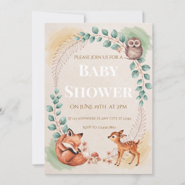 Faire-part de Baby Shower Créatures des Bois  (Devant)