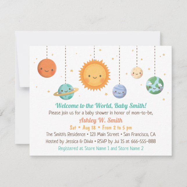 Faire-part de Baby Shower Cute Sun et Planètes (Devant)