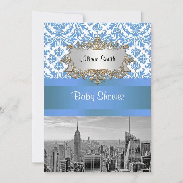Faire-part de baby shower D4 Damask NYC Skyline BW (Devant)