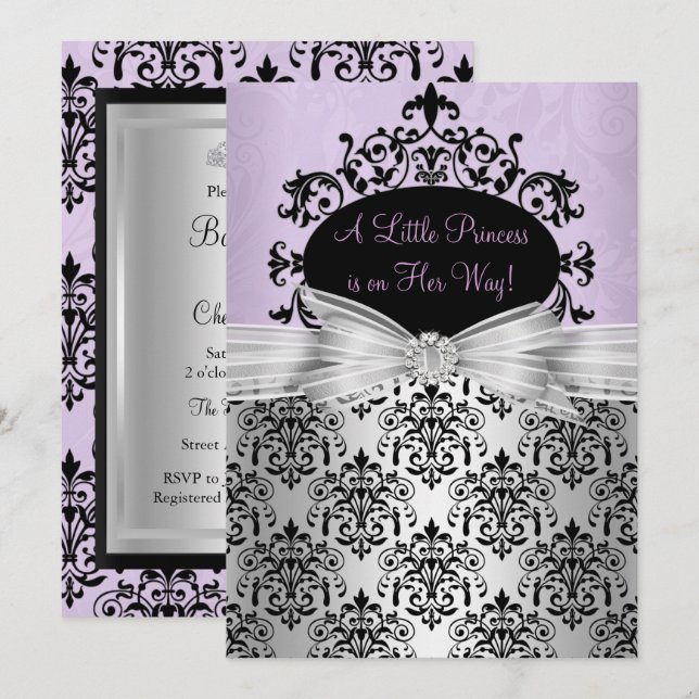 Faire-part de Baby Shower Damassé Noir Violet (Devant / Derrière)