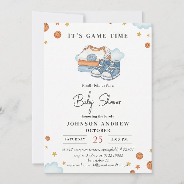 Faire-part de Baby Shower de basket-ball simple pe (Devant)