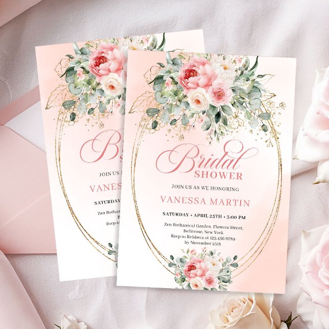 Faire-part de Baby Shower de mariage botanique ros (Soft Blush and Gold Botanical Bridal Shower Invitation)