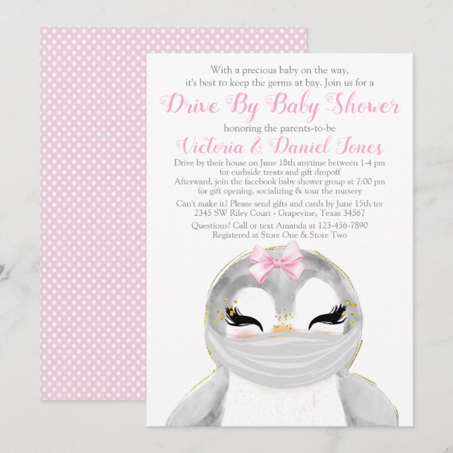 Faire-part de Baby Shower de Pingouin Mignon avec  (Devant / Derrière)