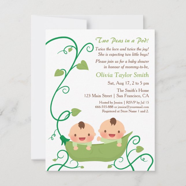 Faire-part de Baby Shower Deux Petits Pois dans un (Devant)
