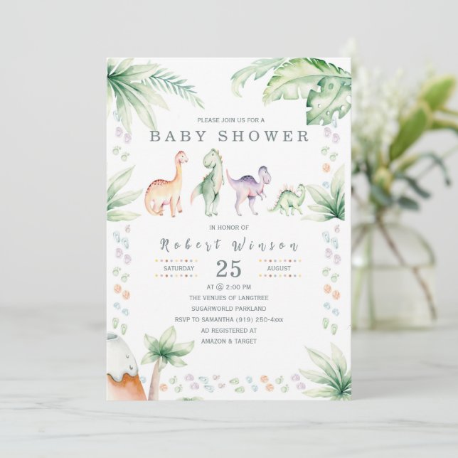 Faire-part de Baby Shower Dinosaure (Debout devant)
