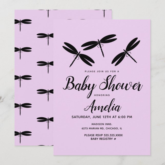Faire-part de Baby Shower Dragonflies noires Bébé  (Devant / Derrière)