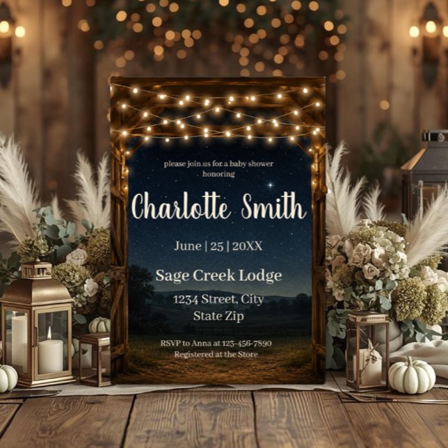 Faire-part de Baby Shower Éclairage de Grange Rust (Rustic barn baby shower invitation with string lights, starry sky, farmhouse charm & custom details.)