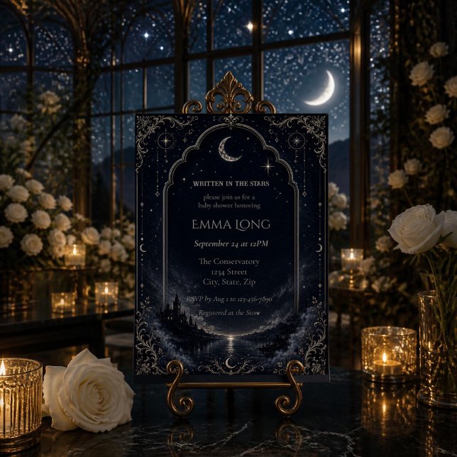 Faire-part de Baby Shower « Écrit dans les Étoiles (Elegant moon & stars baby shower invitation with celestial Art Deco design for a magical celebration)