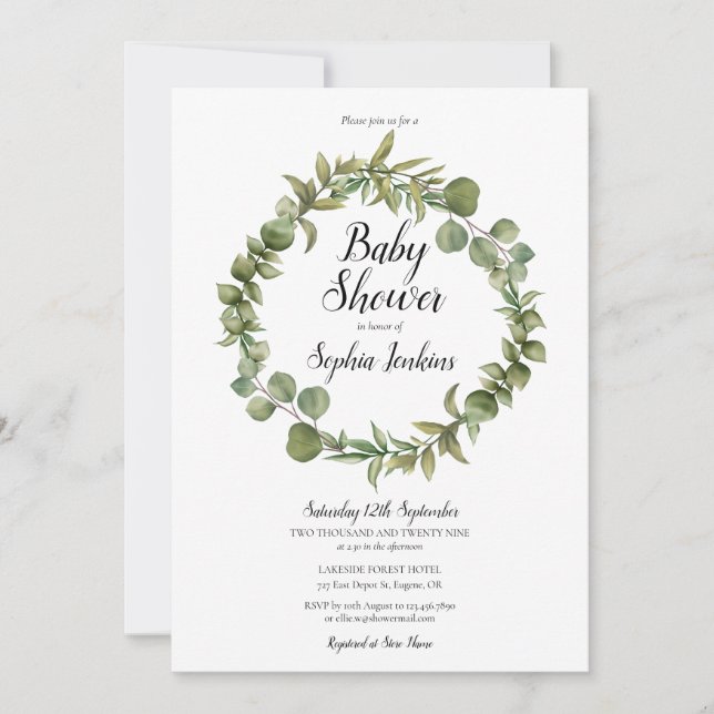 Faire-part de baby shower écriture eucalyptus de v (Devant)