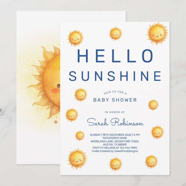 Faire-part de Baby Shower Editable Hello Sunshine (Devant / Derrière)