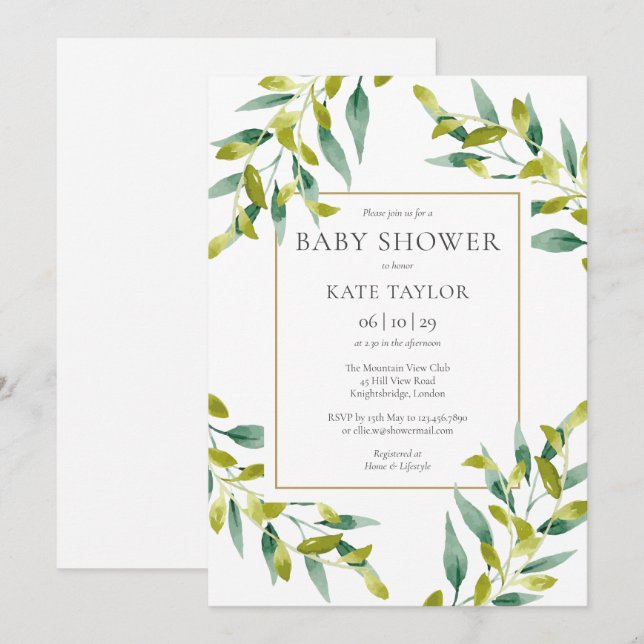 Faire-part de Baby Shower Elegant Feuillage Vert (Devant / Derrière)